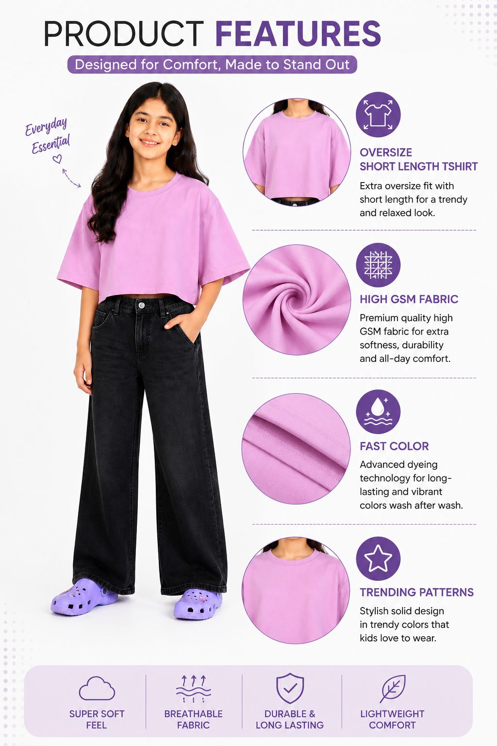 Kidello Girls Oversized Relaxed Fit Boxy Crop Top | Premium High GSM Cotton | Soft & Breathable | Casual Everyday T-Shirt