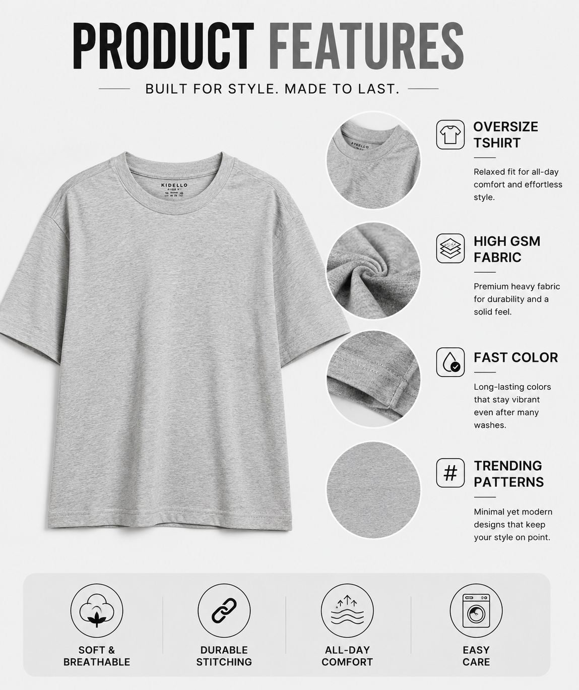 Kidello Boys Oversized Relaxed Fit Boxy T-Shirt | Premium High GSM Cotton | Soft & Breathable | Casual Everyday T-Shirt