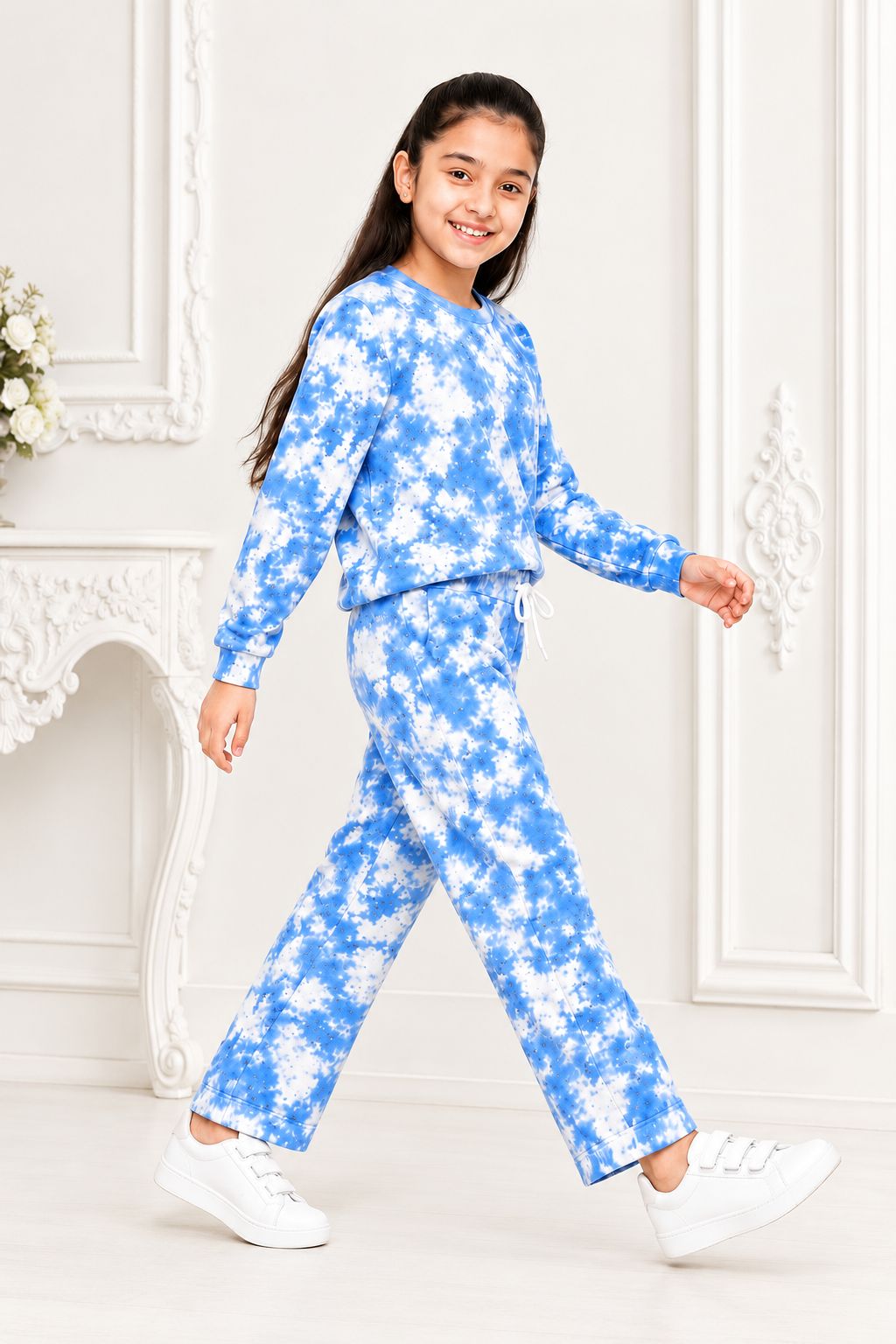 Kidello Girls Tie-Dye Pants | Blue & White Wide-Leg Cotton Jogger Pants with Drawstring