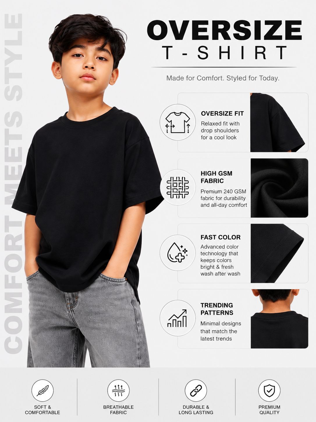 Kidello Boys Oversized Relaxed Fit Boxy T-Shirt | Premium High GSM Cotton | Soft & Breathable | Casual Everyday T-Shirt
