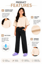 Kidello Girls Oversized Relaxed Fit Boxy Crop Top | Premium High GSM Cotton | Soft & Breathable | Casual Everyday T-Shirt