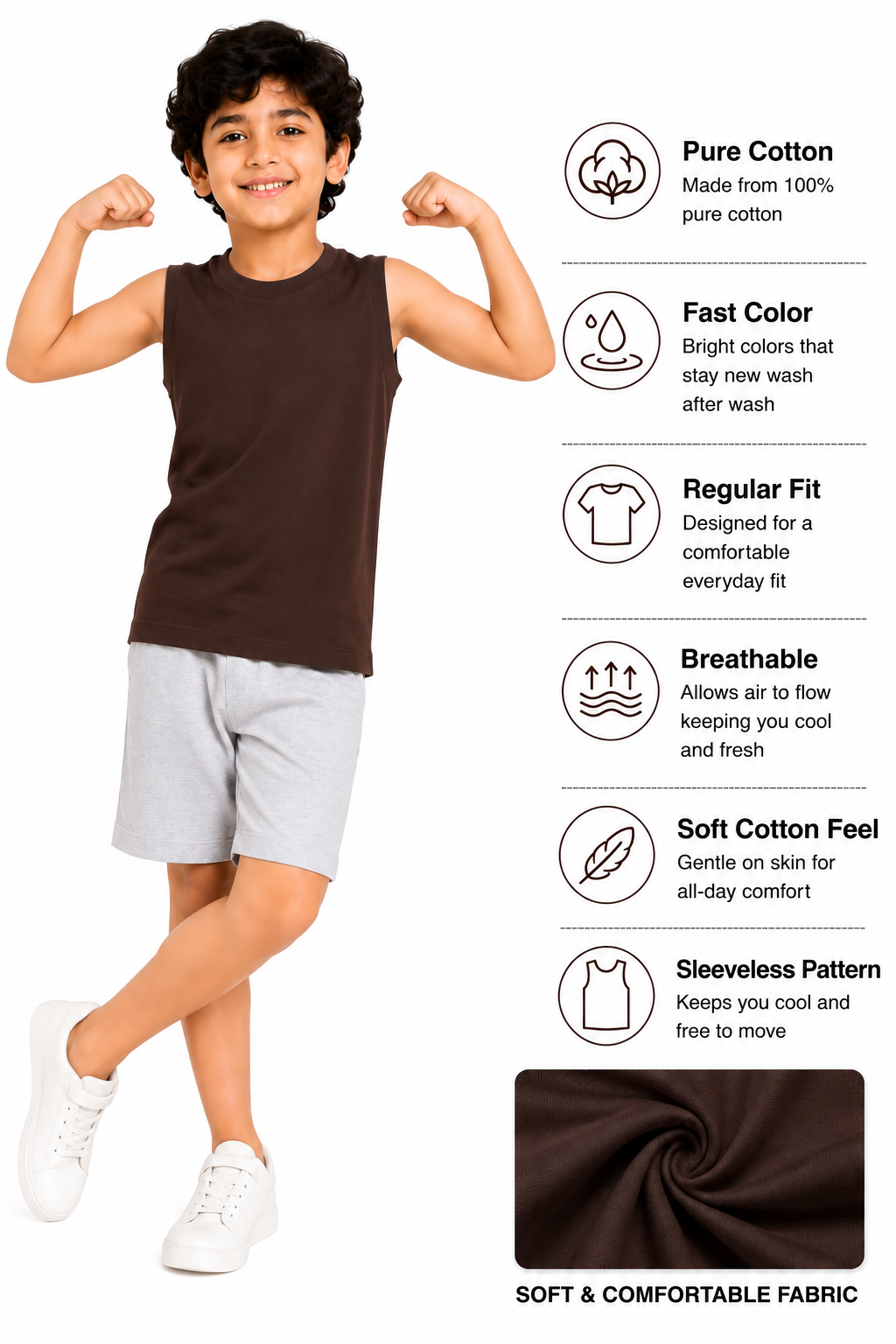 KIDELLO Boys Pure Cotton Sleeveless T-Shirt | Soft Breathable Round Neck Vest Tee for Kids | Regular Fit Summer Wear