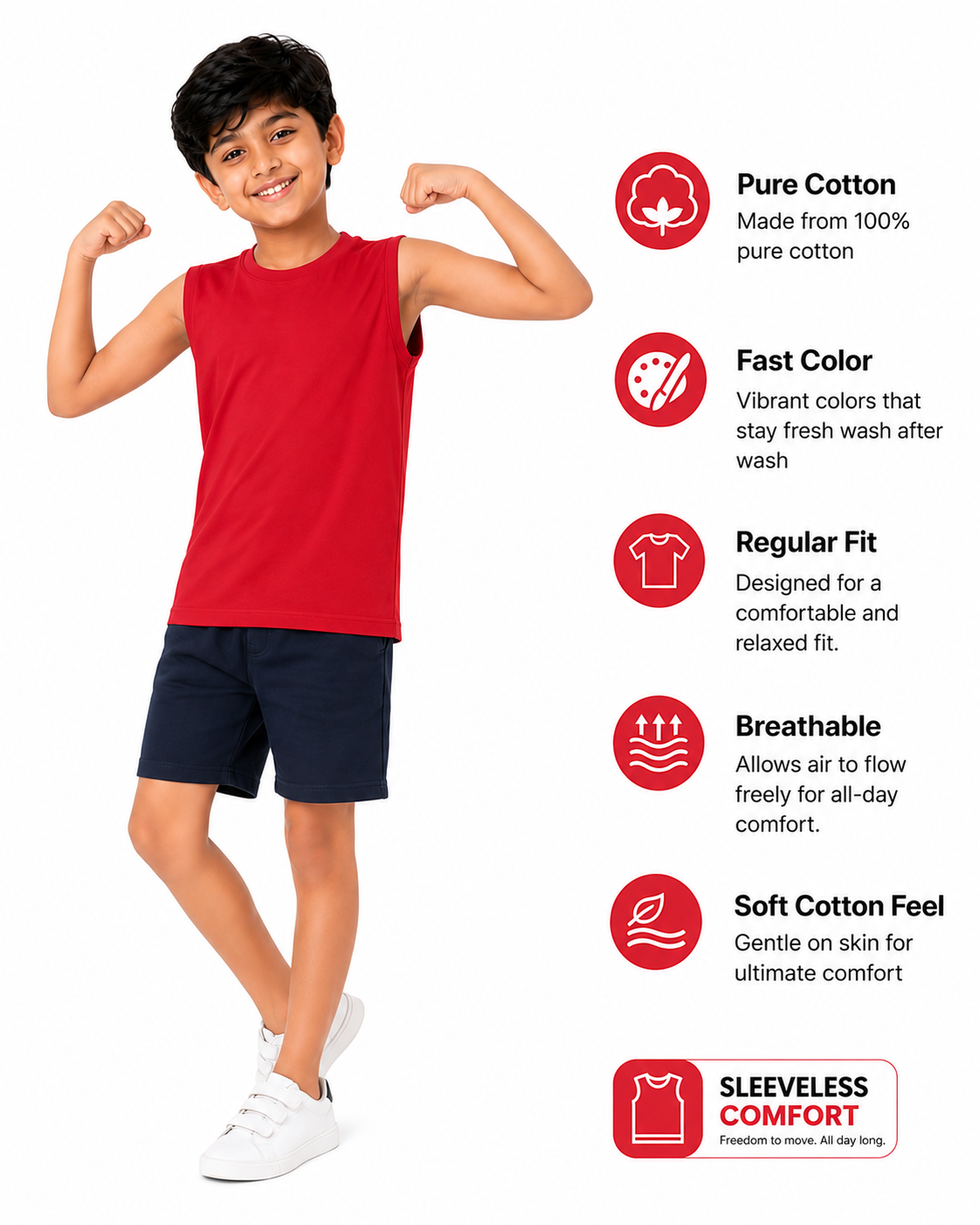 KIDELLO Boys Pure Cotton Sleeveless T-Shirt | Soft Breathable Round Neck Vest Tee for Kids | Regular Fit Summer Wear