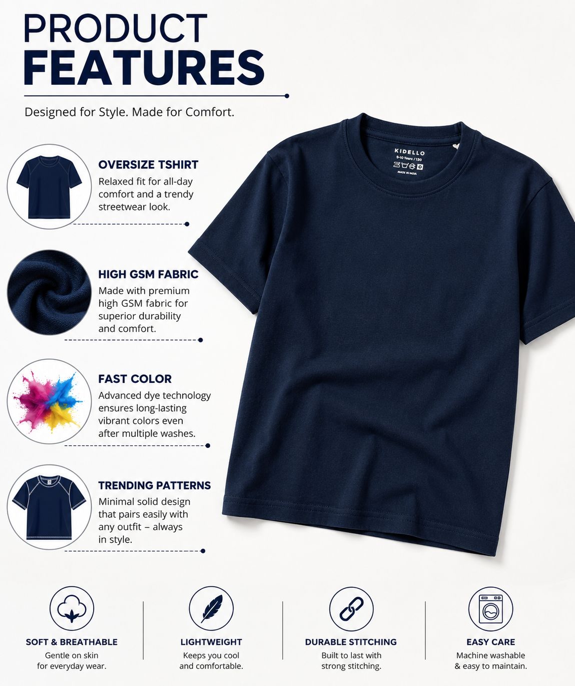 Kidello Boys Oversized Relaxed Fit Boxy T-Shirt | Premium High GSM Cotton | Soft & Breathable | Casual Everyday T-Shirt