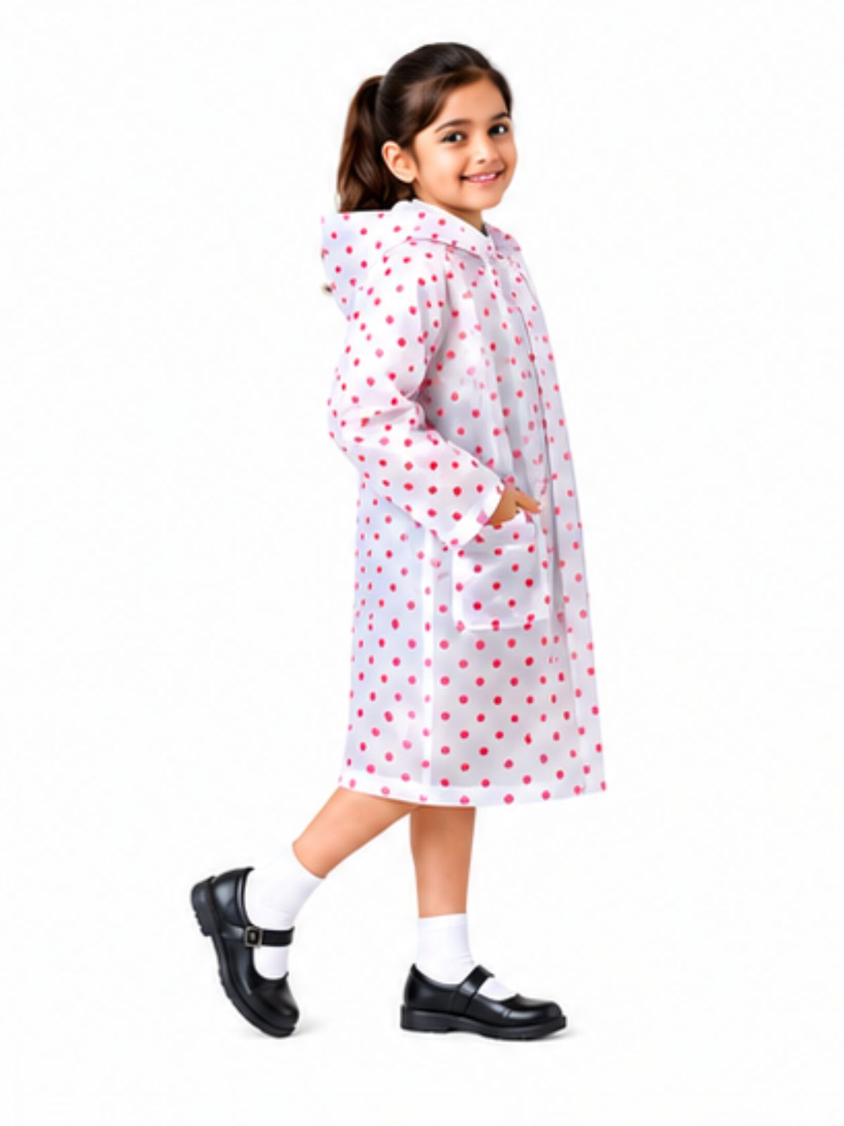 Kidello Kids Transparent Raincoat with Polka Dots | Waterproof Hooded Raincoat | School Rain Wear