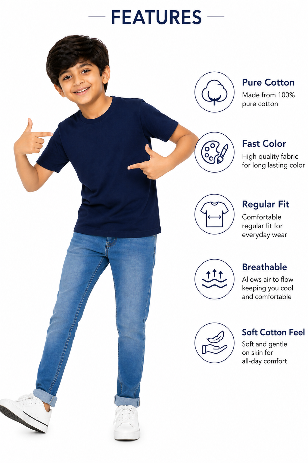 KIDELLO Boys Pure Cotton Round Neck T-Shirt | Soft Breathable Casual Wear for Kids | Regular Fit Half Sleeve Tee