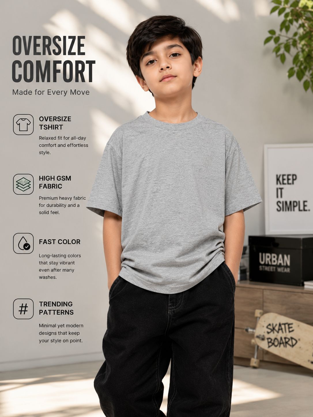 Kidello Boys Oversized Relaxed Fit Boxy T-Shirt | Premium High GSM Cotton | Soft & Breathable | Casual Everyday T-Shirt