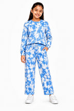 Kidello Girls Tie-Dye Pants | Blue & White Wide-Leg Cotton Jogger Pants with Drawstring