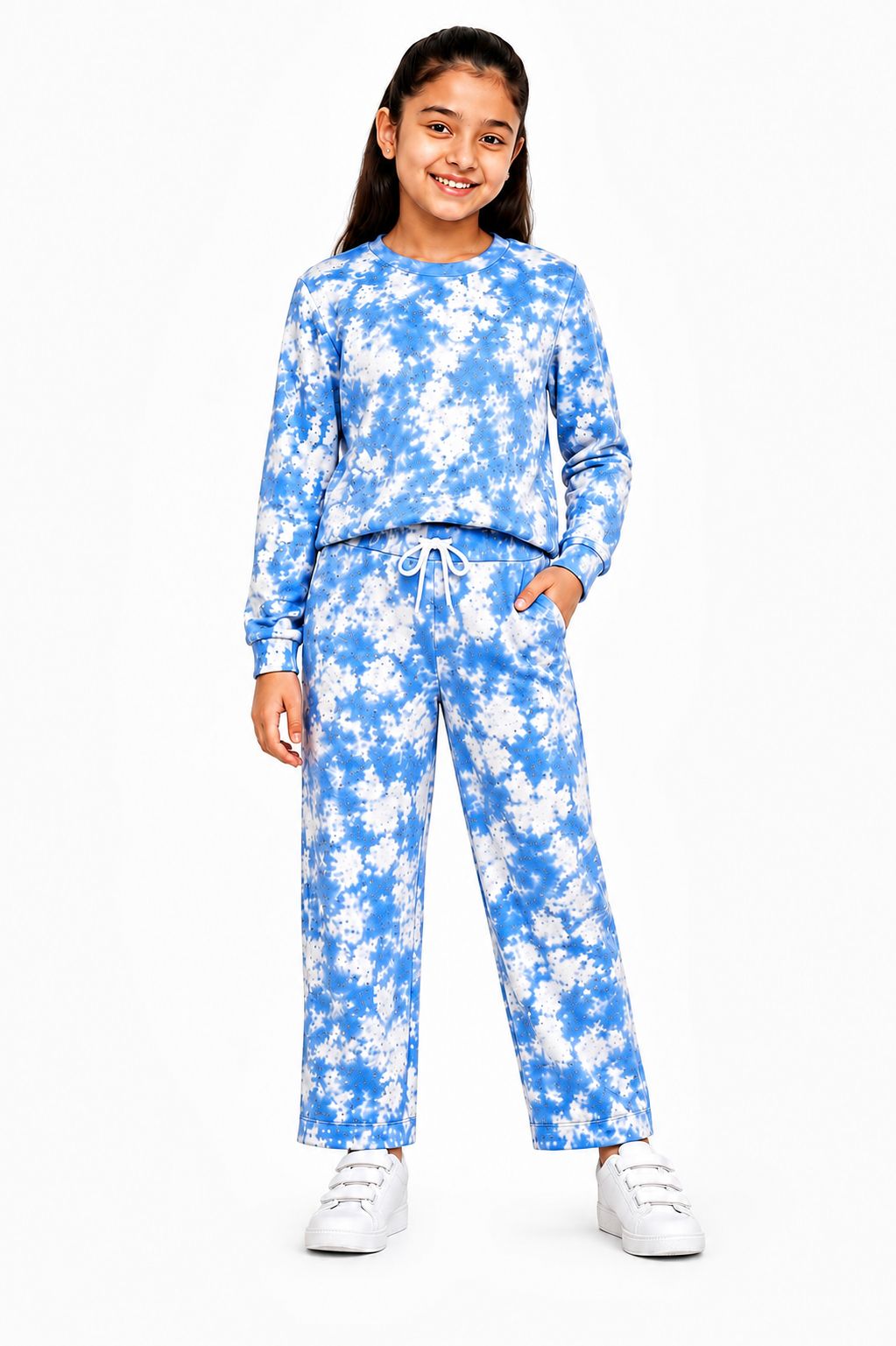 Kidello Girls Tie-Dye Pants | Blue & White Wide-Leg Cotton Jogger Pants with Drawstring