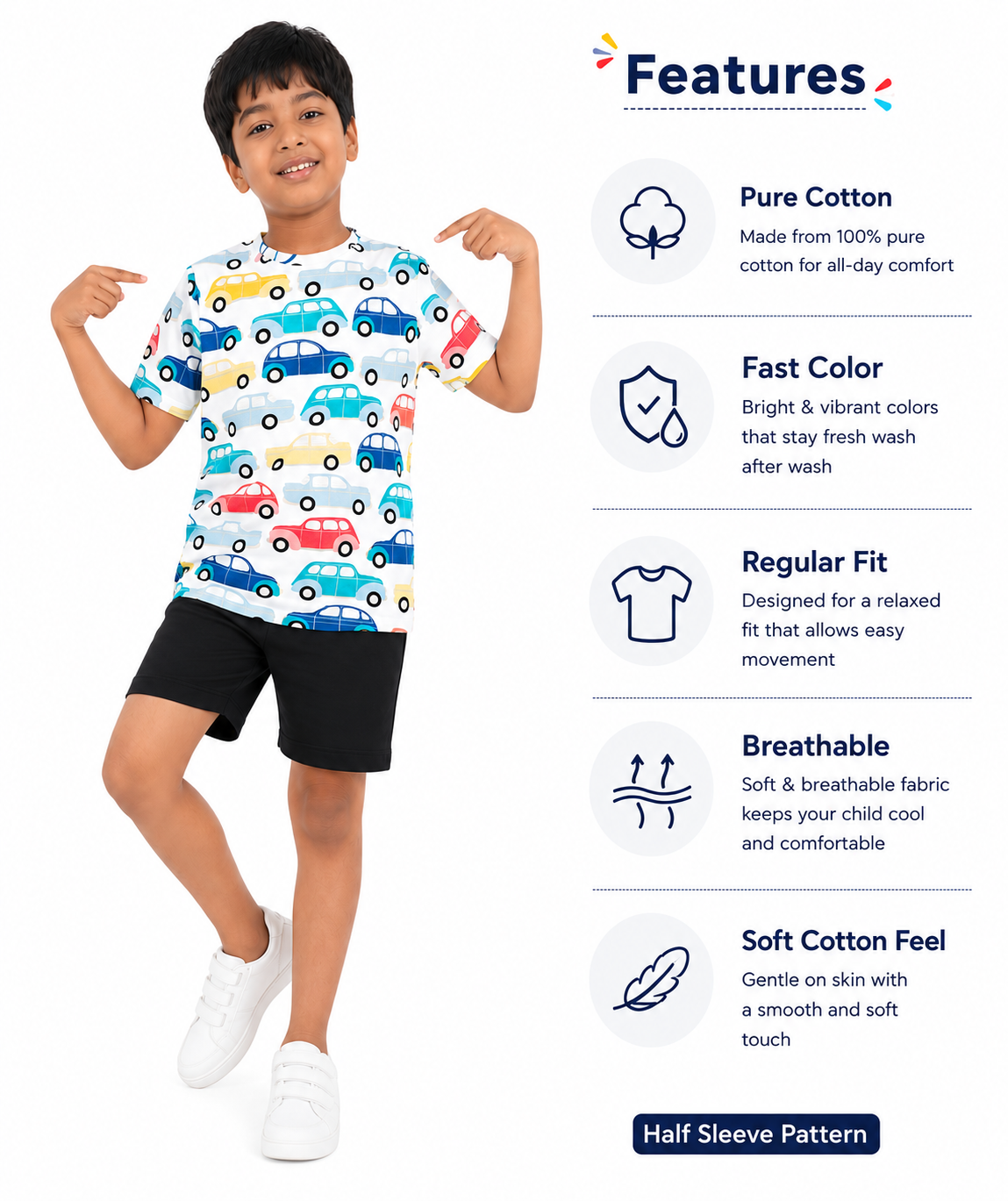 KIDELLO Boys Car Print T-Shirt | 100% Cotton Graphic Printed Round Neck Tee for Kids | Soft Casual Wear