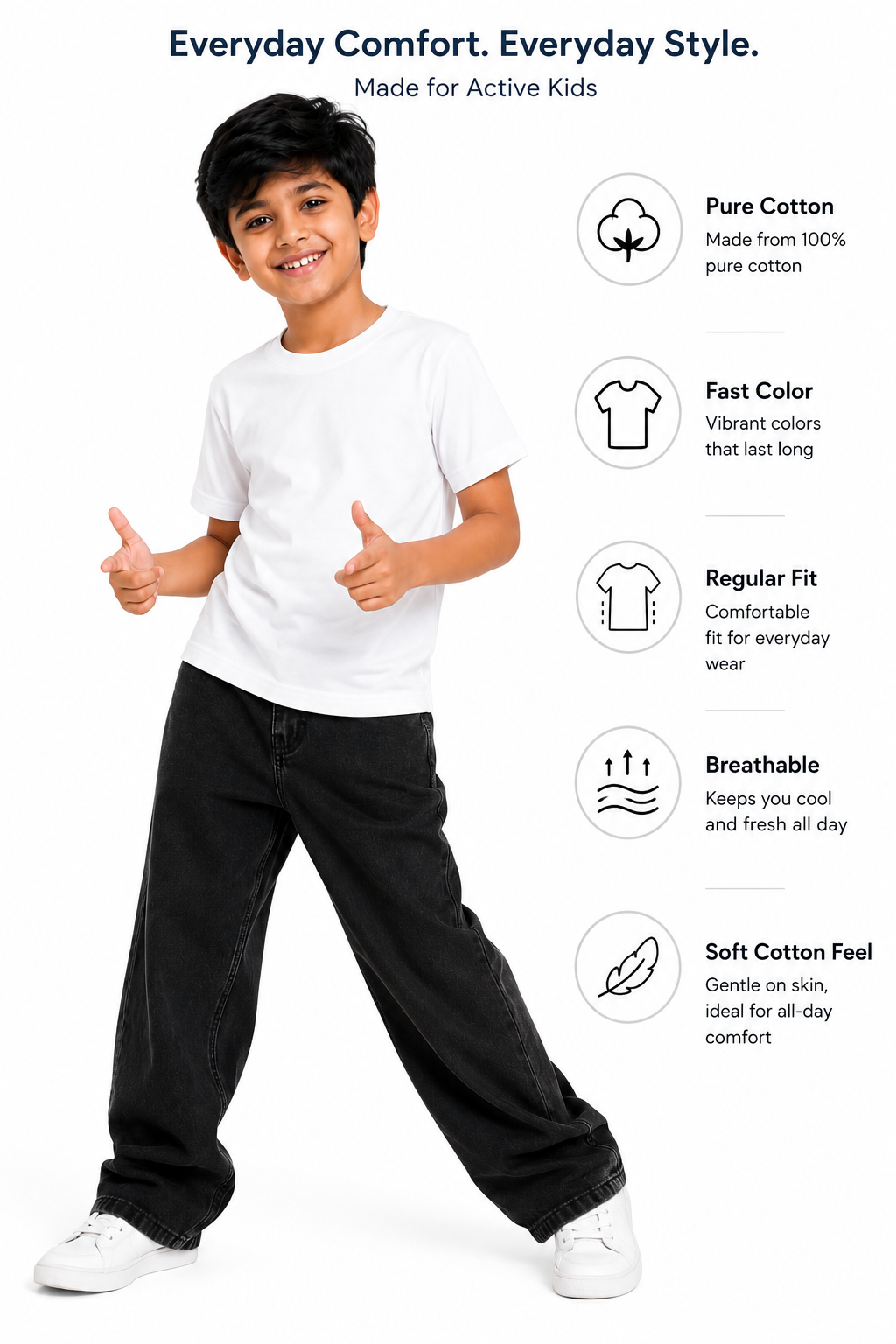 KIDELLO Boys Pure Cotton Round Neck T-Shirt | Soft Breathable Casual Wear for Kids | Regular Fit Half Sleeve Tee