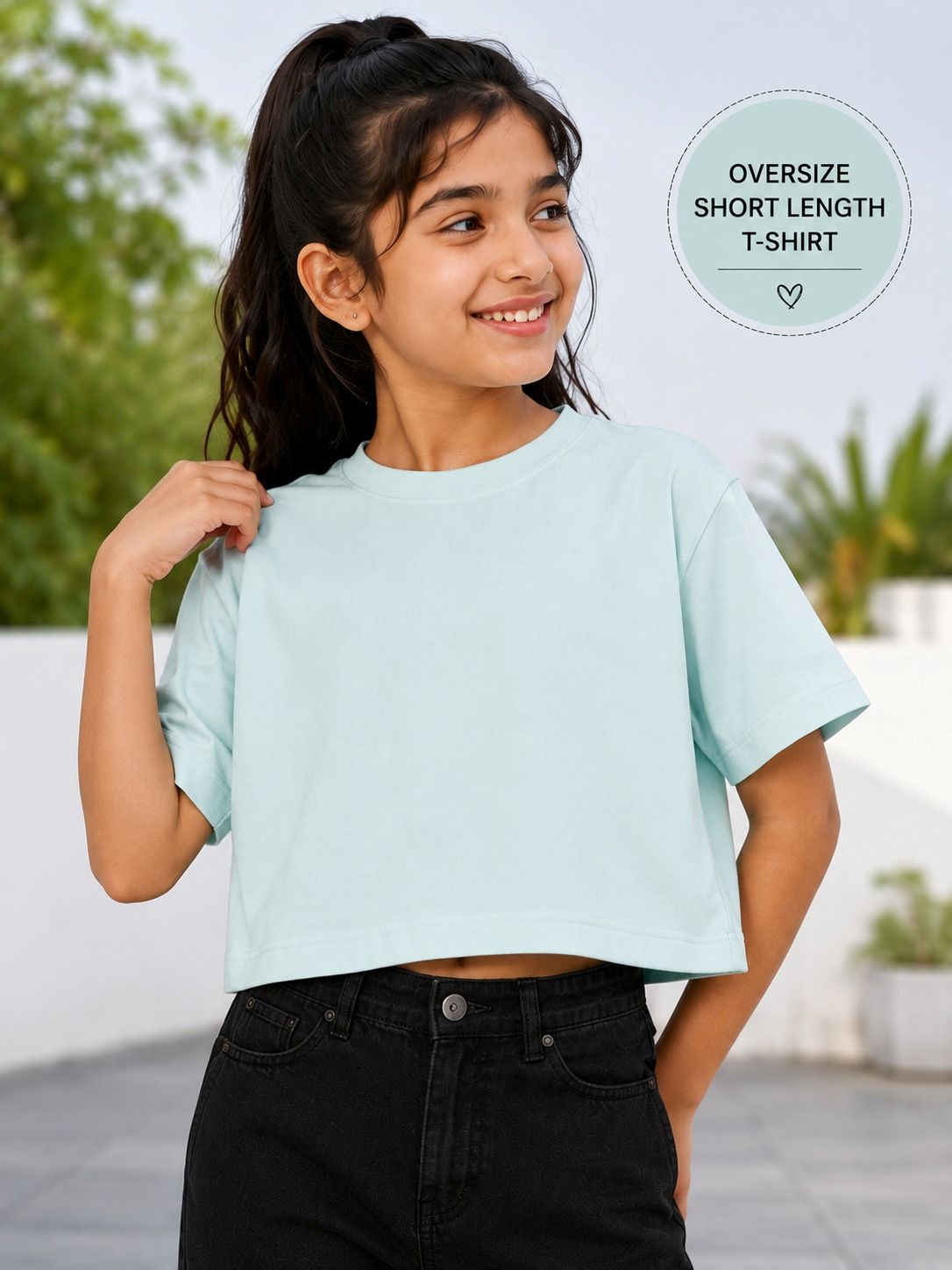 Kidello Girls Oversized Relaxed Fit Boxy Crop Top | Premium High GSM Cotton | Soft & Breathable | Casual Everyday T-Shirt