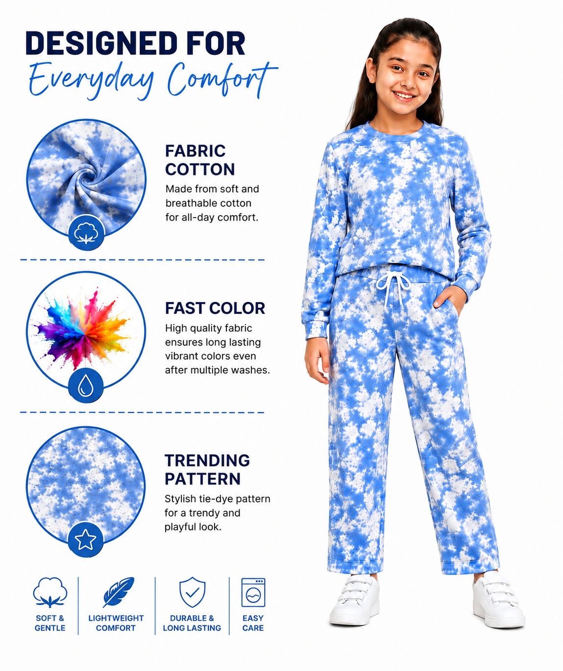 Kidello Girls Tie-Dye Pants | Blue & White Wide-Leg Cotton Jogger Pants with Drawstring