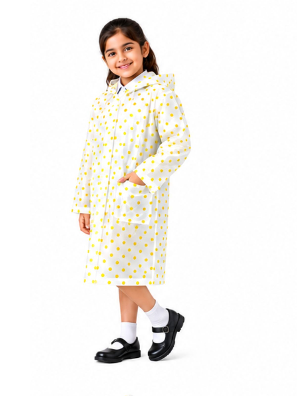 Kidello Kids Transparent Raincoat with Polka Dots | Waterproof Hooded Raincoat | School Rain Wear