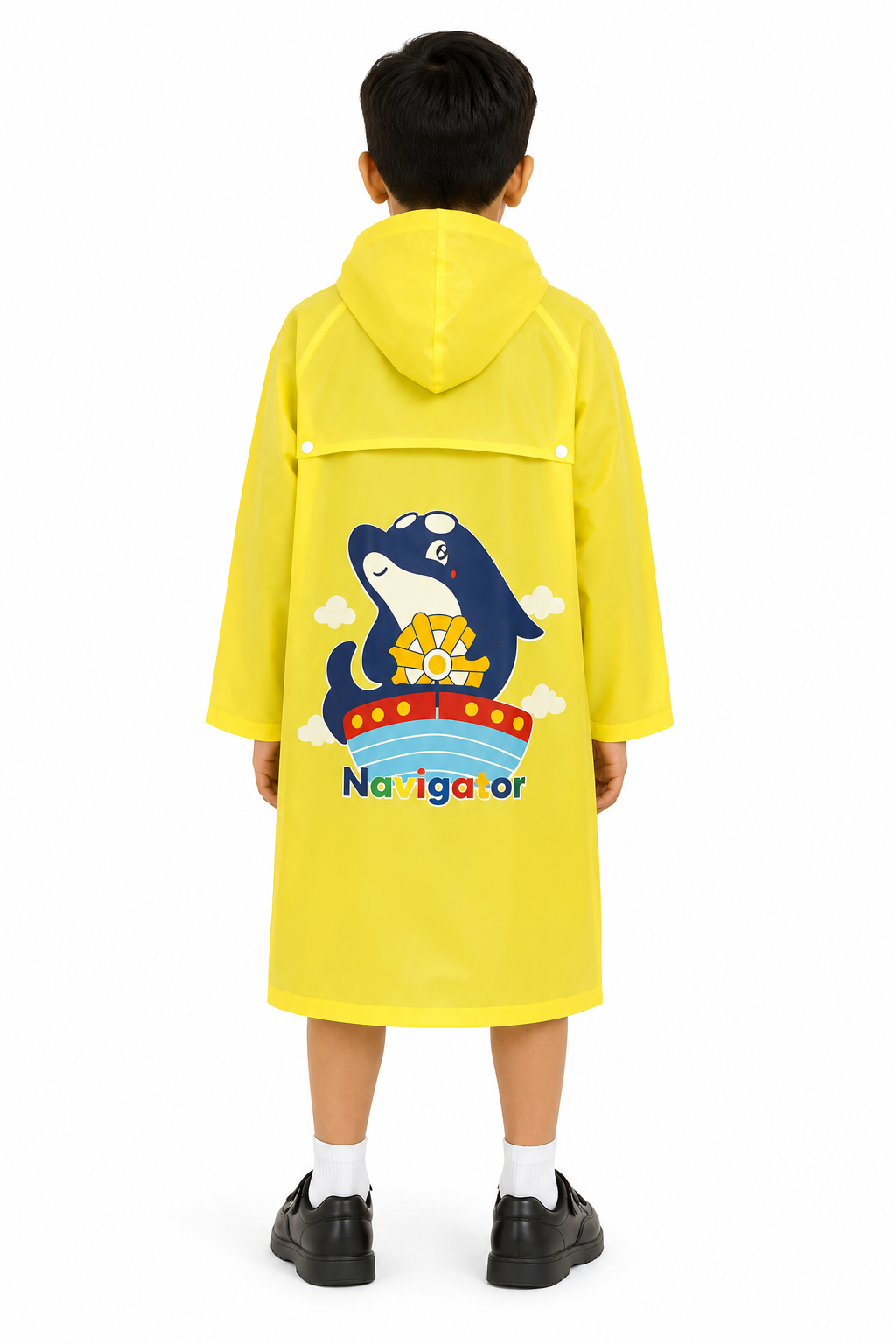 KIDELLO Kids Waterproof Yellow Dolphin Printed Raincoat with Hood – Lightweight Full Sleeve Rainwear for Boys & Girls