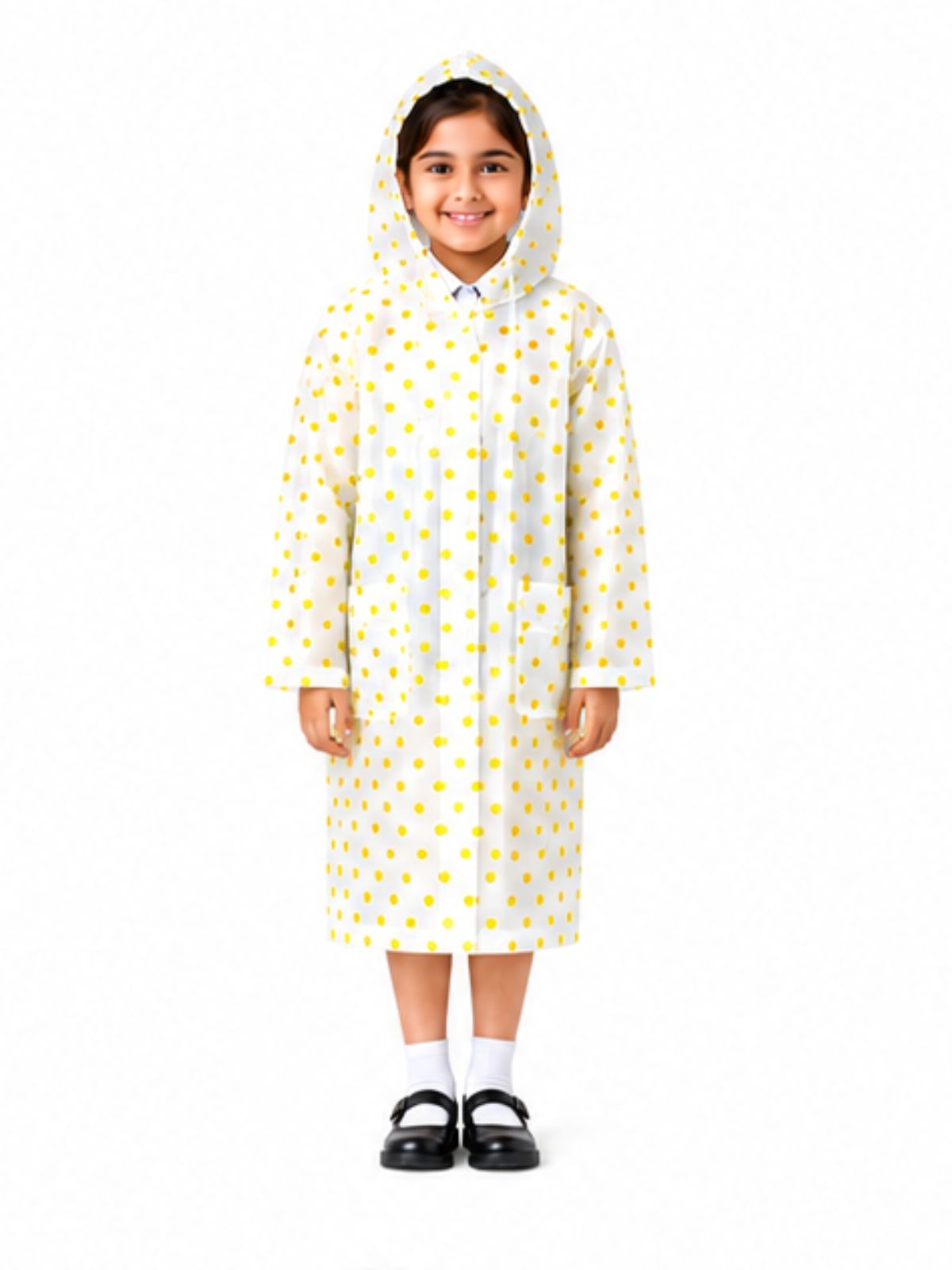 Kidello Kids Transparent Raincoat with Polka Dots | Waterproof Hooded Raincoat | School Rain Wear