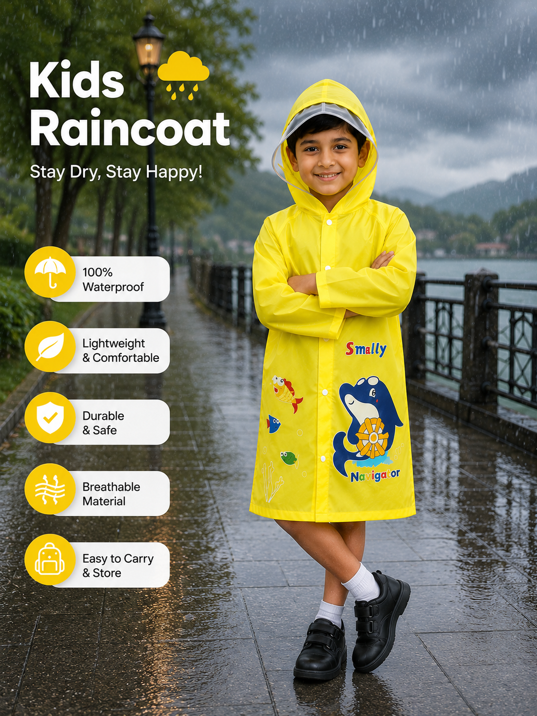 KIDELLO Kids Waterproof Yellow Dolphin Printed Raincoat with Hood – Lightweight Full Sleeve Rainwear for Boys & Girls