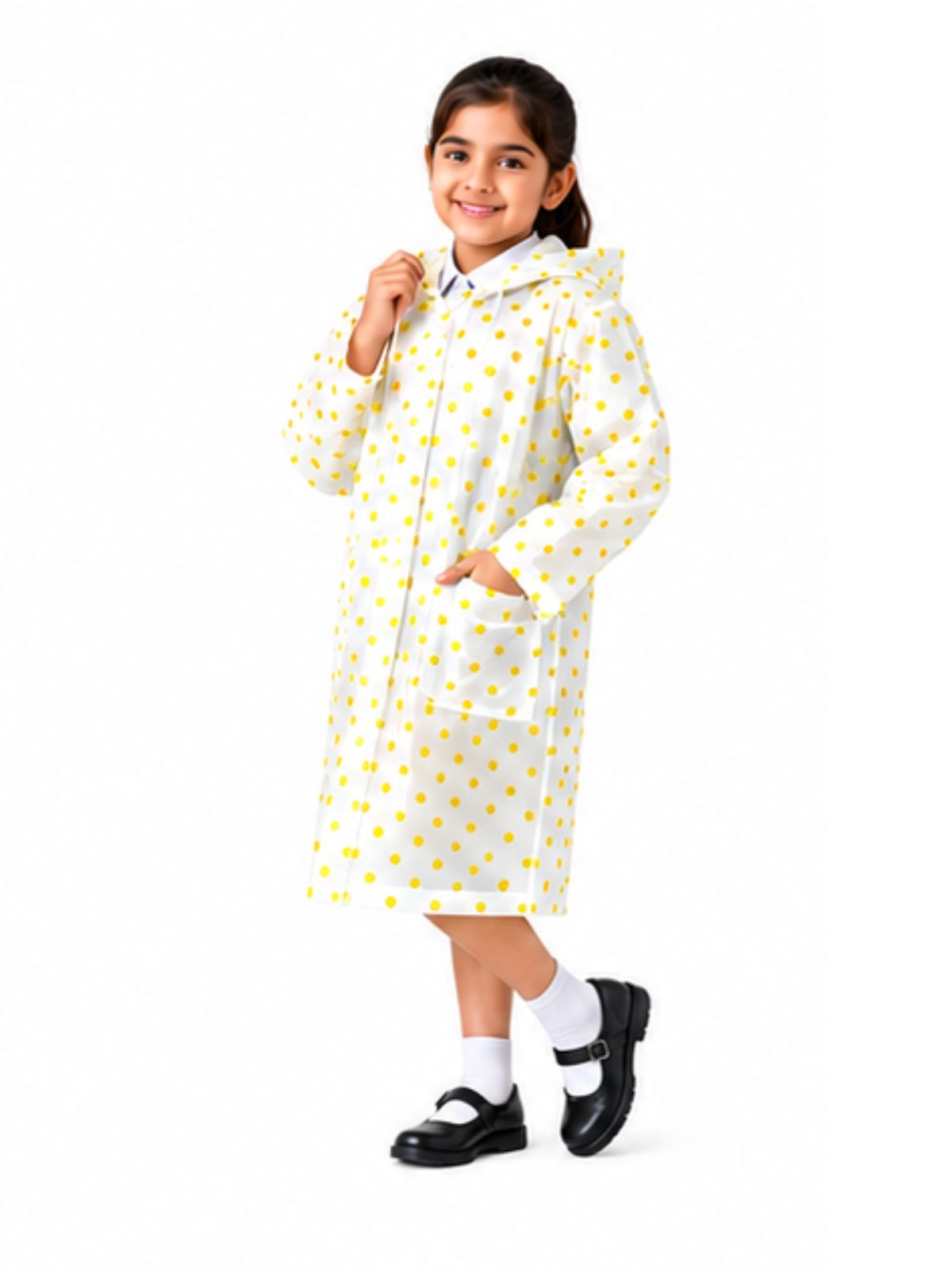 Kidello Kids Transparent Raincoat with Polka Dots | Waterproof Hooded Raincoat | School Rain Wear