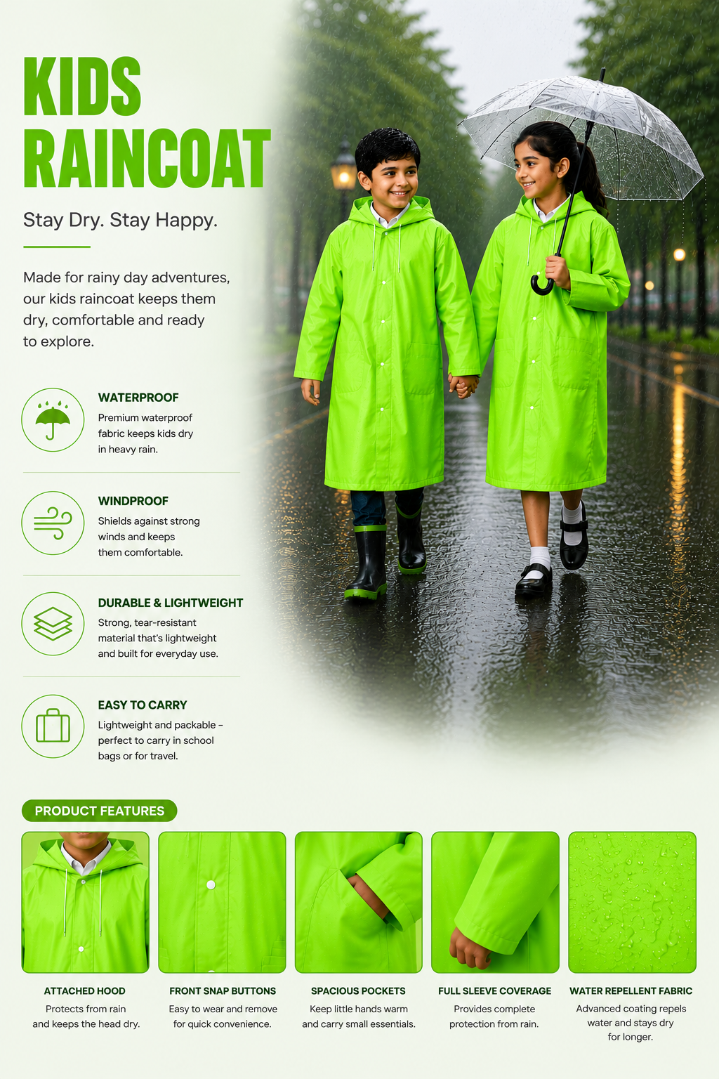 KIDELLO Kids Waterproof Hooded Raincoat for Boys & Girls | Lightweight Full Sleeve Rain Wear