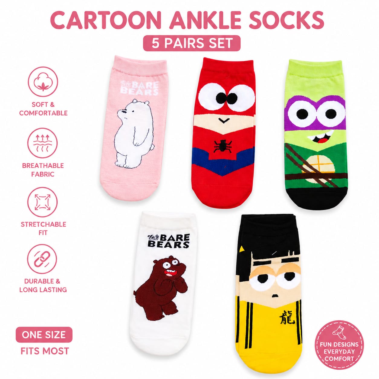 KIDELLO Kids Cartoon Ankle Socks – Pack of 5 Age 7-12 Years