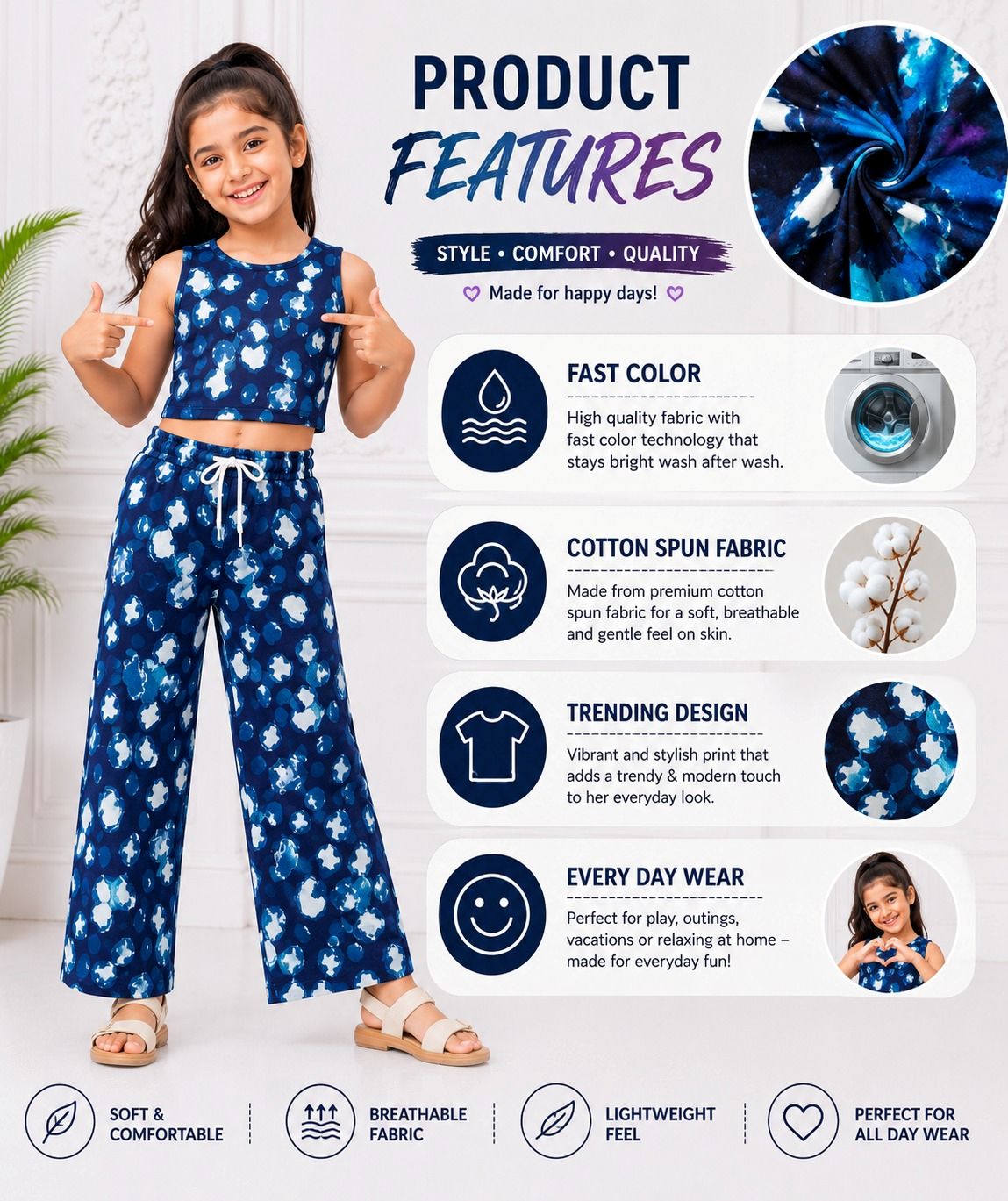 Kidello Girls Printed Spun Crop Top | Soft Sleeveless Casual Top for Girls