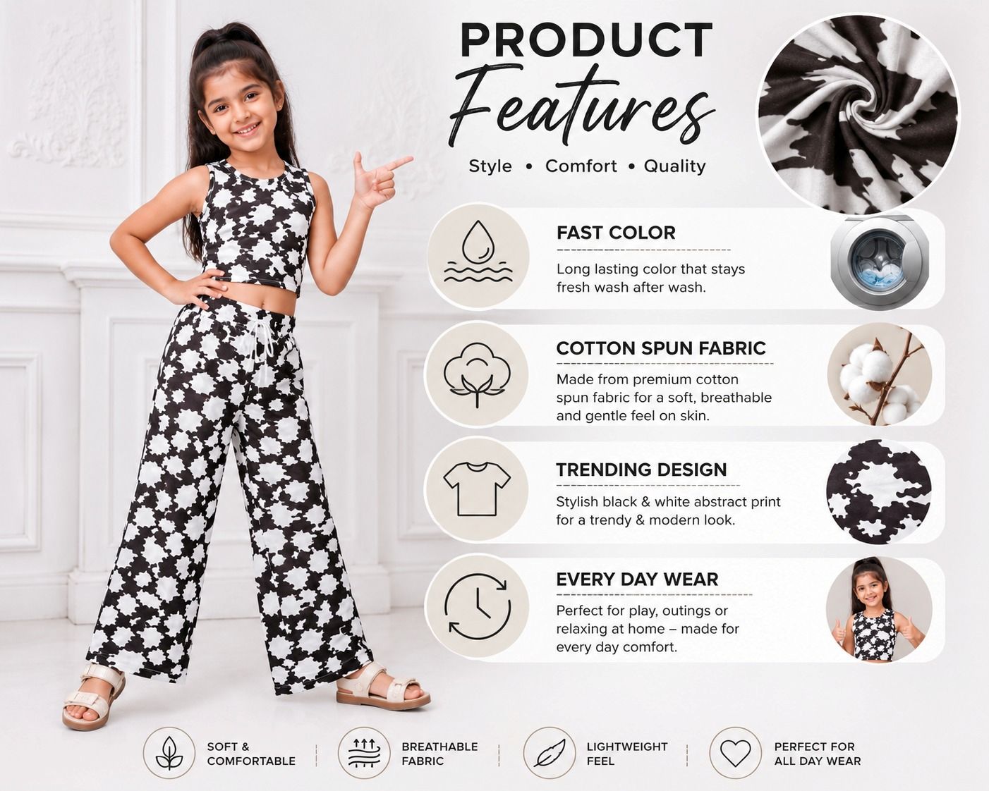Kidello Girls Printed Spun Crop Top & Wide leg Palazzo Co-ord Set