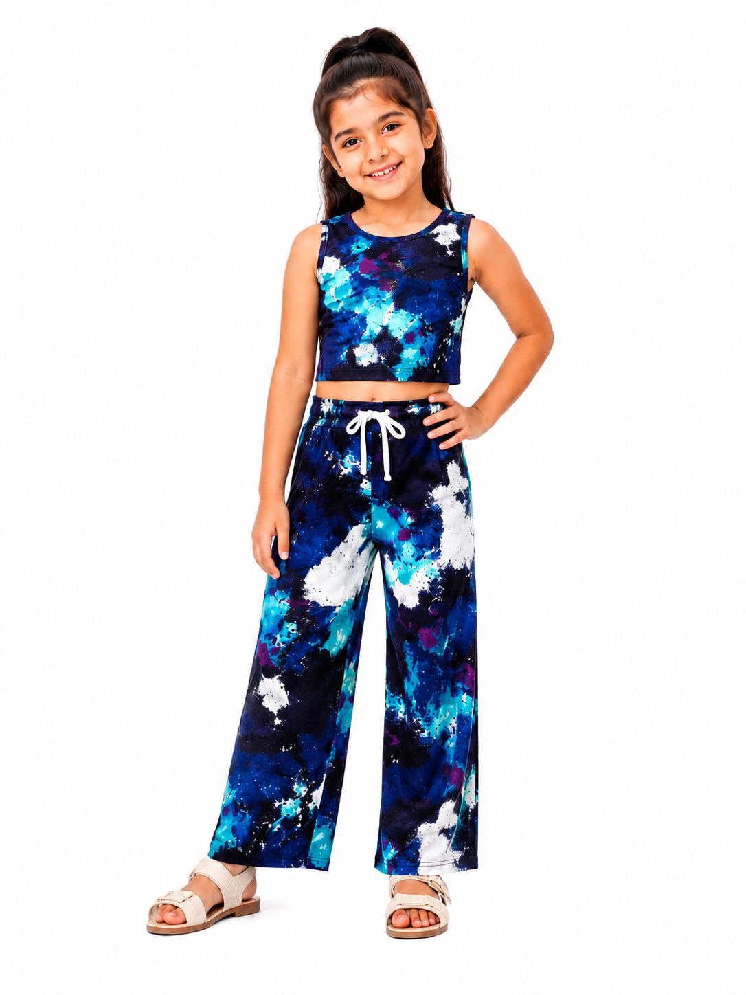 Kidello Girls Printed Spun Crop Top & Wide leg Palazzo Co-ord Set