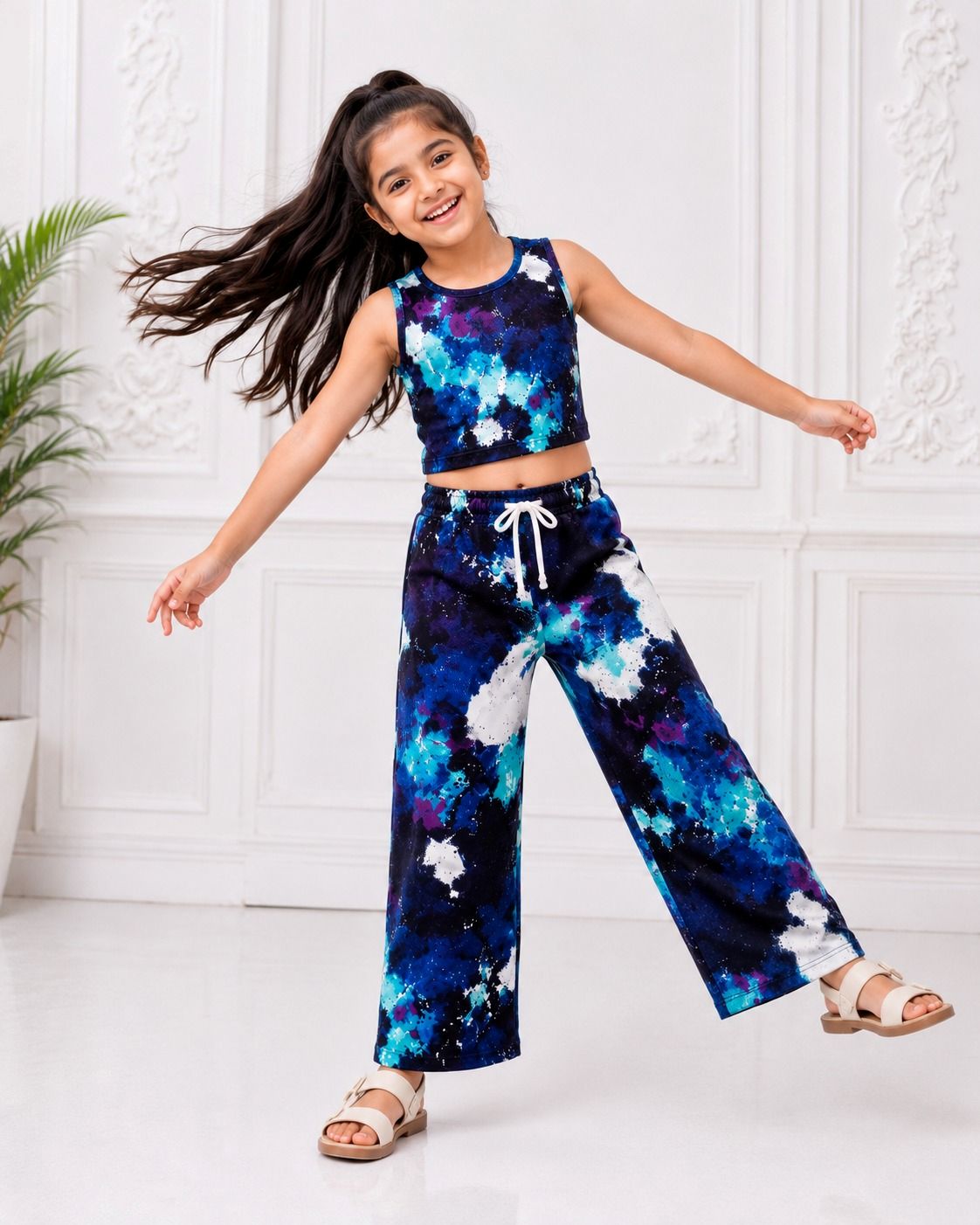 Kidello Girls Printed Spun Crop Top & Wide leg Palazzo Co-ord Set