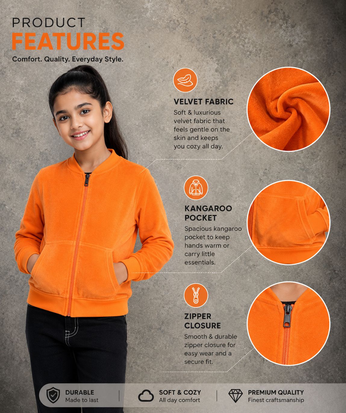 Kidello Girls Velvet Jacket | Full Zip Jacket with Kangaroo Pocket | Soft & Warm Winter Jacket for Kids