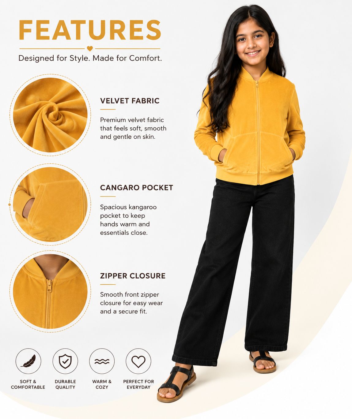 Kidello Girls Velvet Jacket | Full Zip Jacket with Kangaroo Pocket | Soft & Warm Winter Jacket for Kids