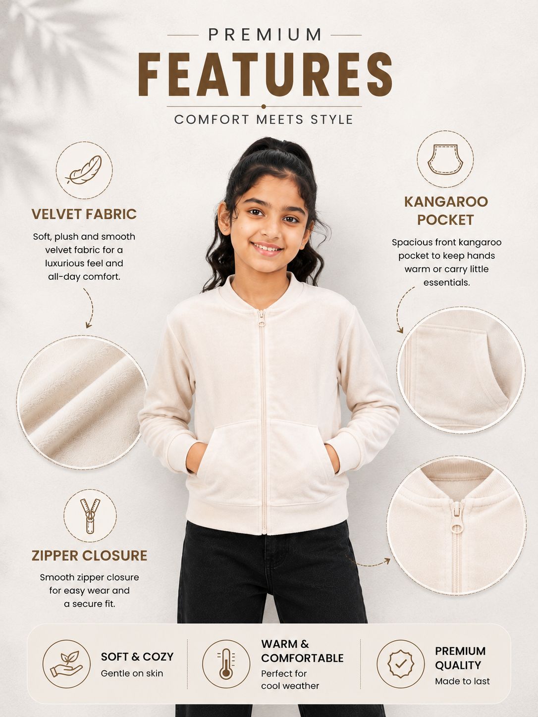 Kidello Girls Velvet Jacket | Full Zip Jacket with Kangaroo Pocket | Soft & Warm Winter Jacket for Kids