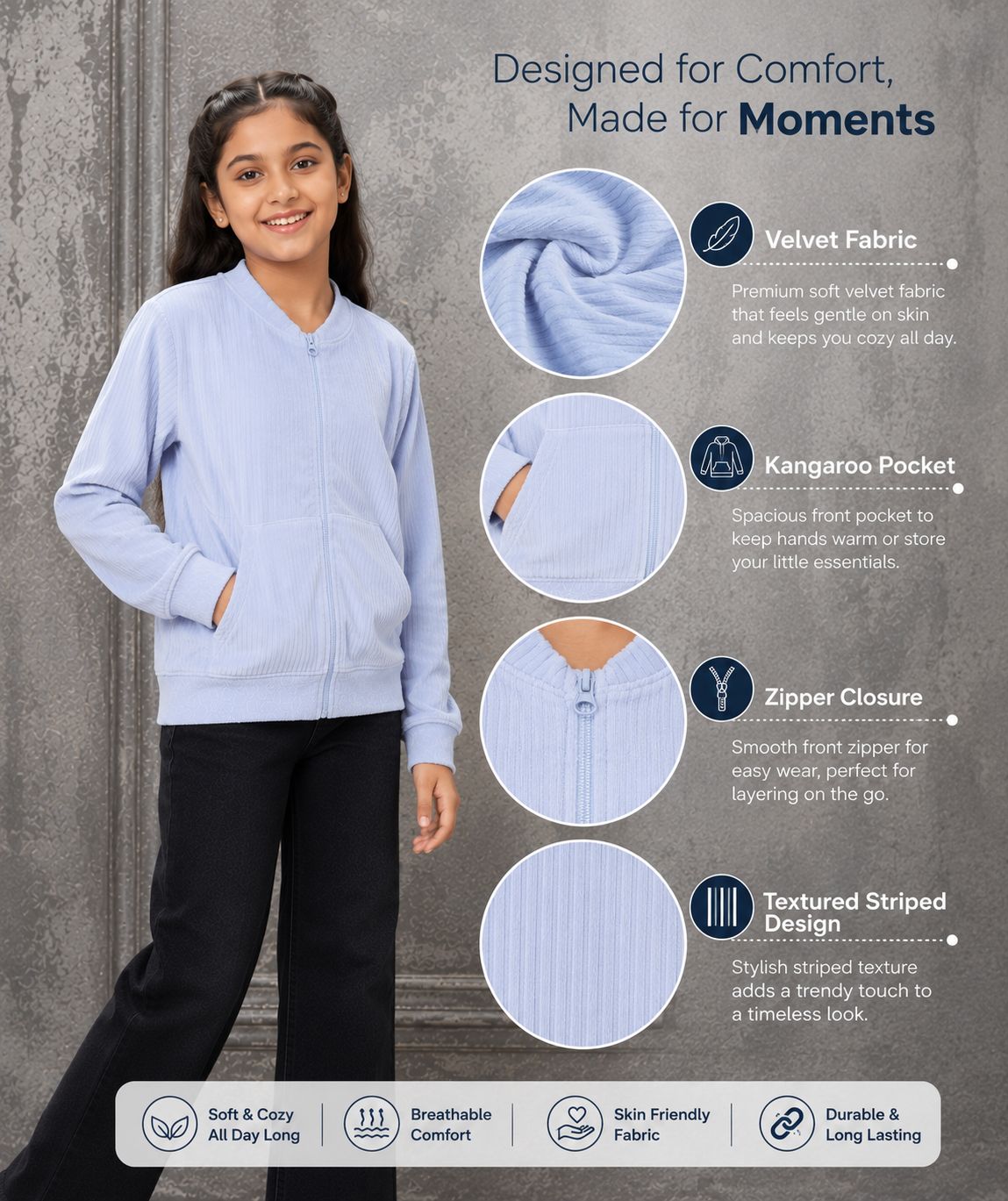 Kidello Girls Velvet Jacket | Full Zip Jacket with Kangaroo Pocket | Soft & Warm Winter Jacket for Kids