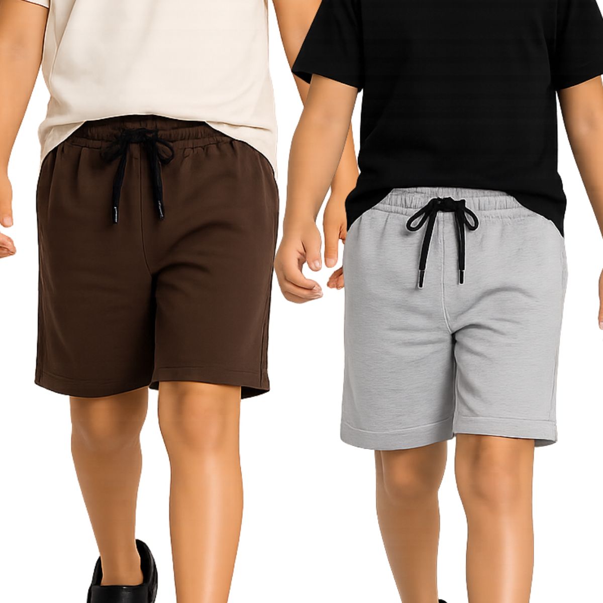 Kidello Boys Cotton Shorts Pack of 2 | Soft & Breathable | Regular Fit | Elastic Waist with Drawstring | Everyday Casual Shorts