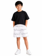 Kidello Boys Cotton Shorts | White Printed Casual Shorts with Drawstring