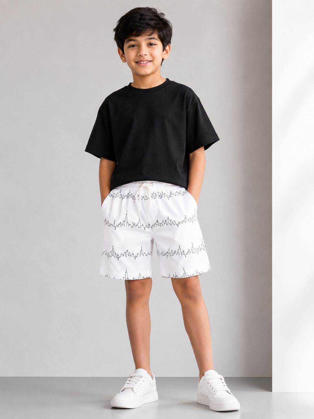 Kidello Boys Cotton Shorts | White Printed Casual Shorts with Drawstring