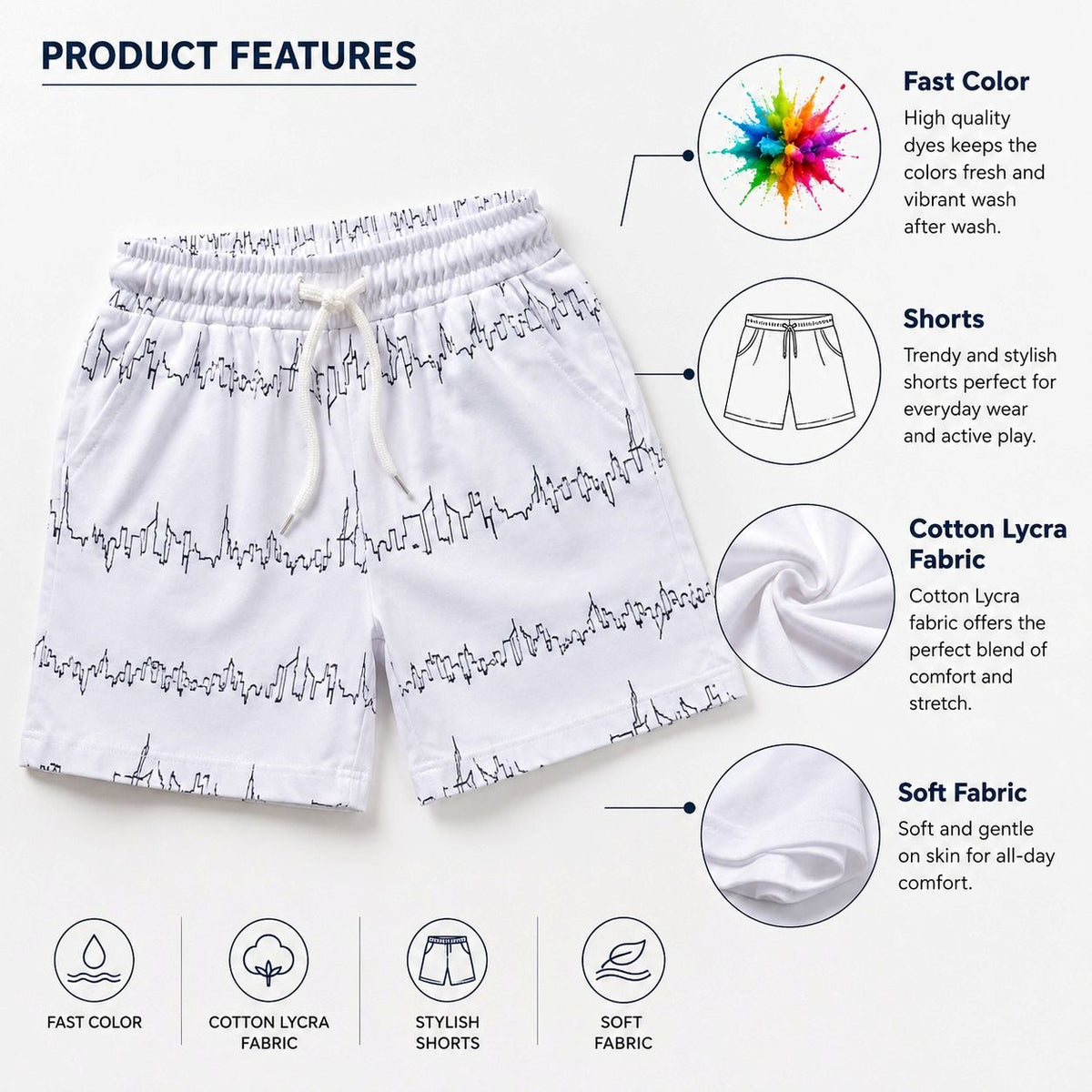 Kidello Boys Cotton Shorts | White Printed Casual Shorts with Drawstring
