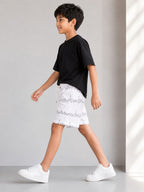 Kidello Boys Cotton Shorts | White Printed Casual Shorts with Drawstring