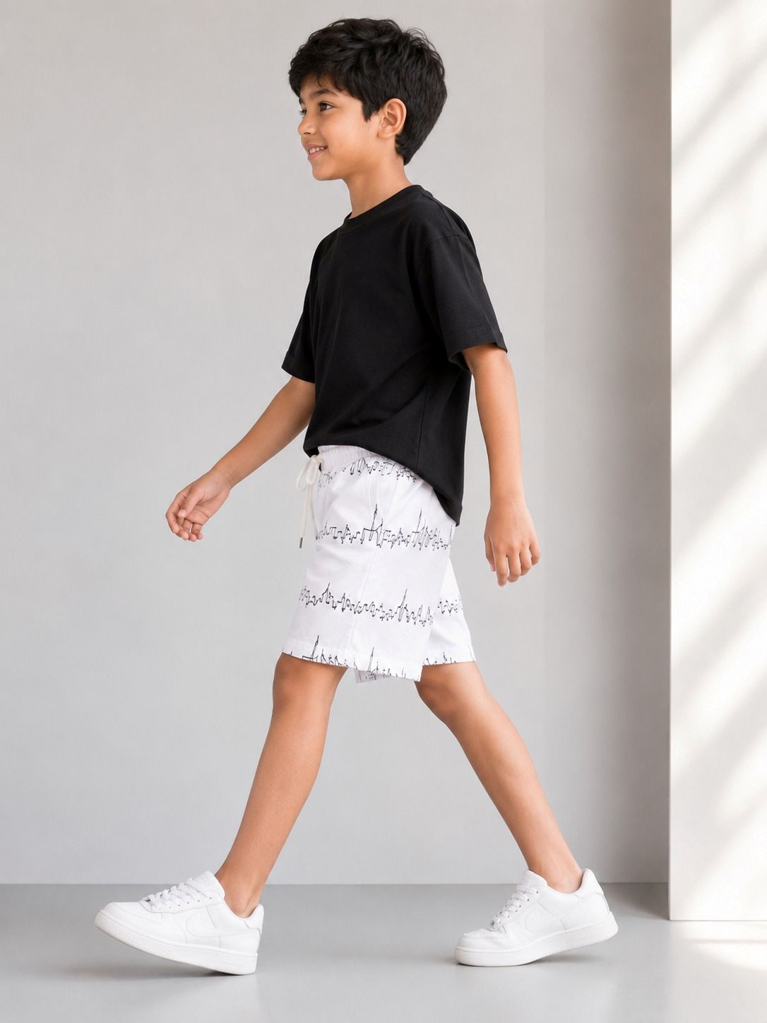 Kidello Boys Cotton Shorts | White Printed Casual Shorts with Drawstring