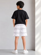 Kidello Boys Cotton Shorts | White Printed Casual Shorts with Drawstring