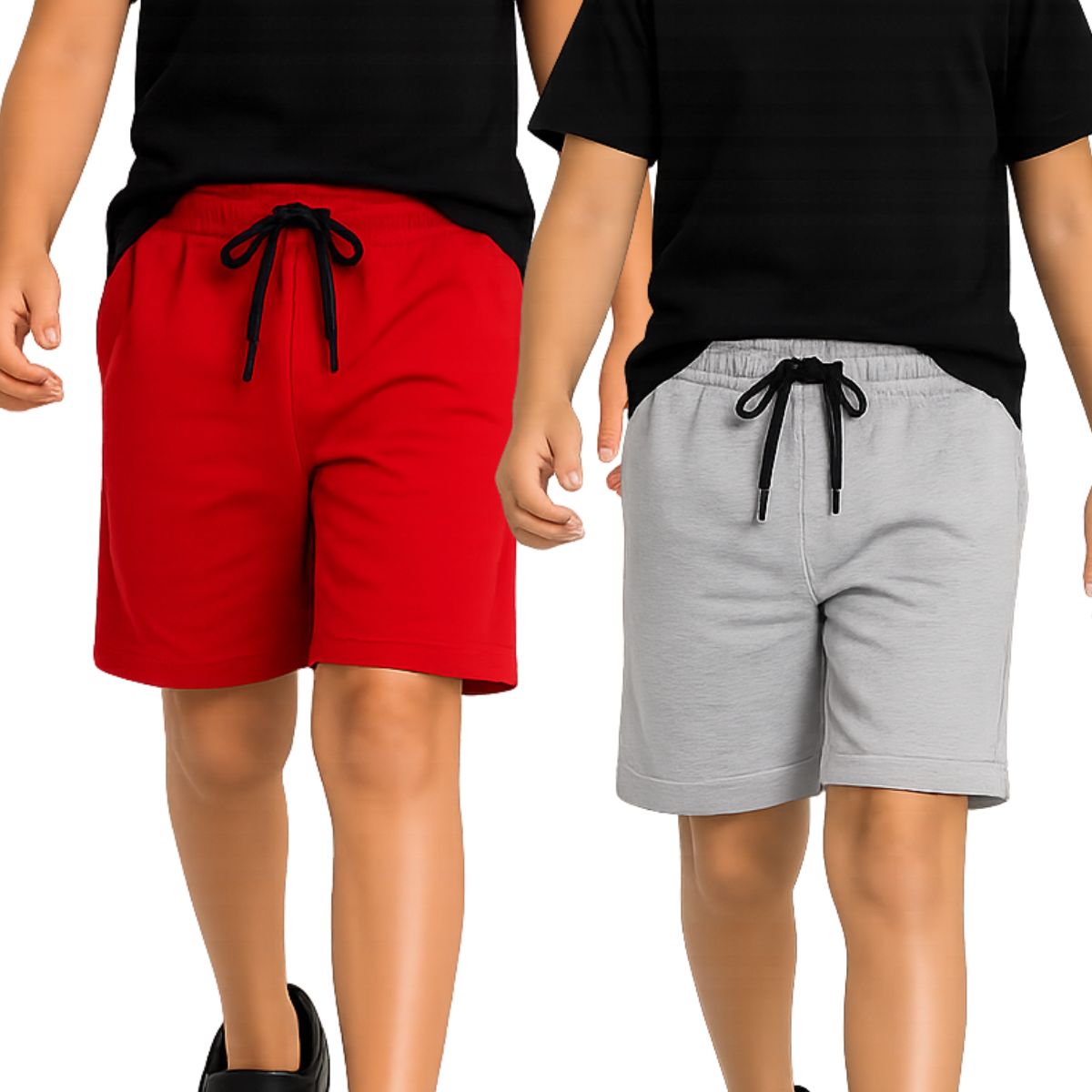 Kidello Boys Cotton Shorts Pack of 2 | Soft & Breathable | Regular Fit | Elastic Waist with Drawstring | Everyday Casual Shorts