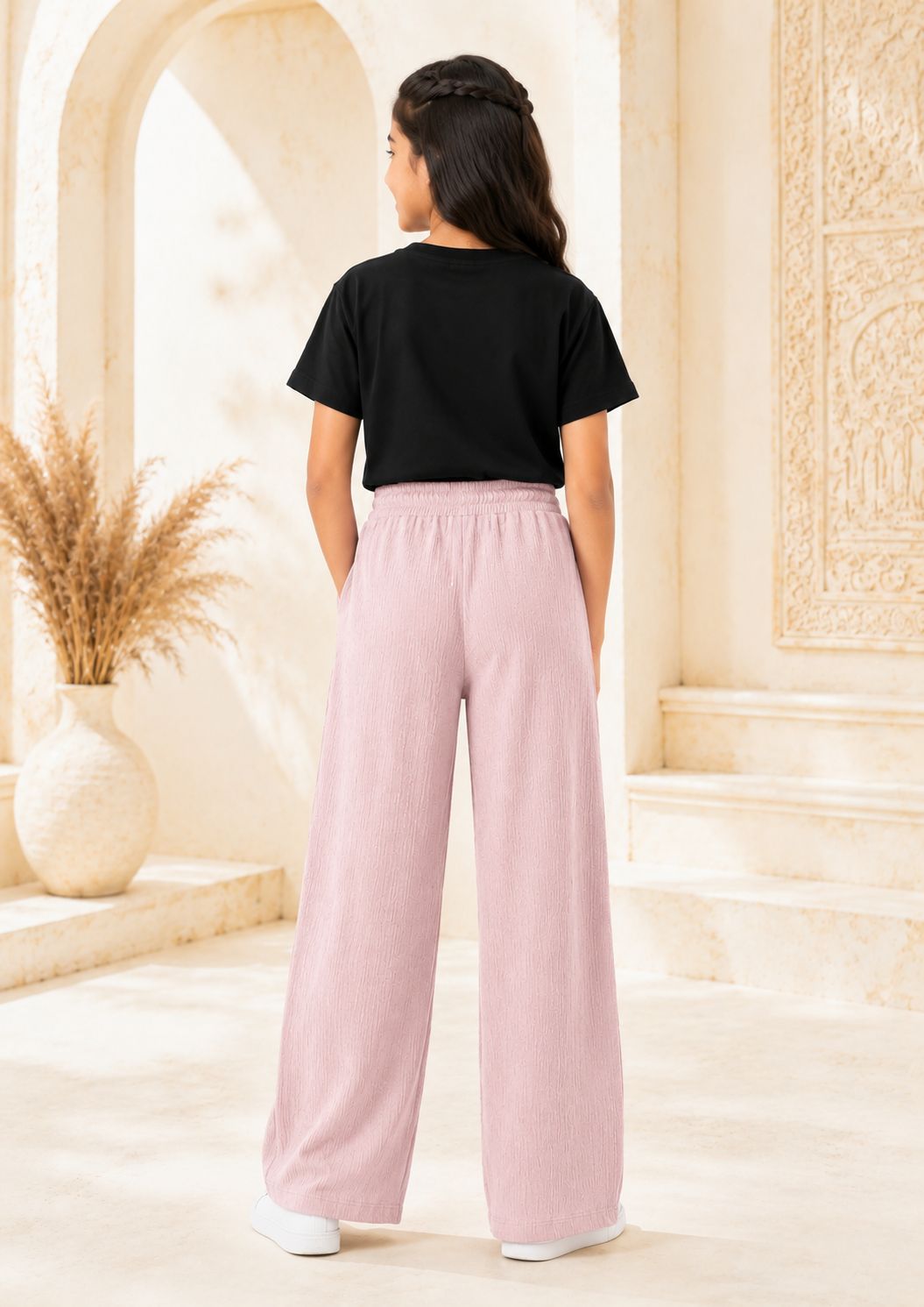 Kidello Girls Cotton Textured Palazzo Pant | Soft Cotton Wide Leg Pants with Elastic Waist & Drawstring