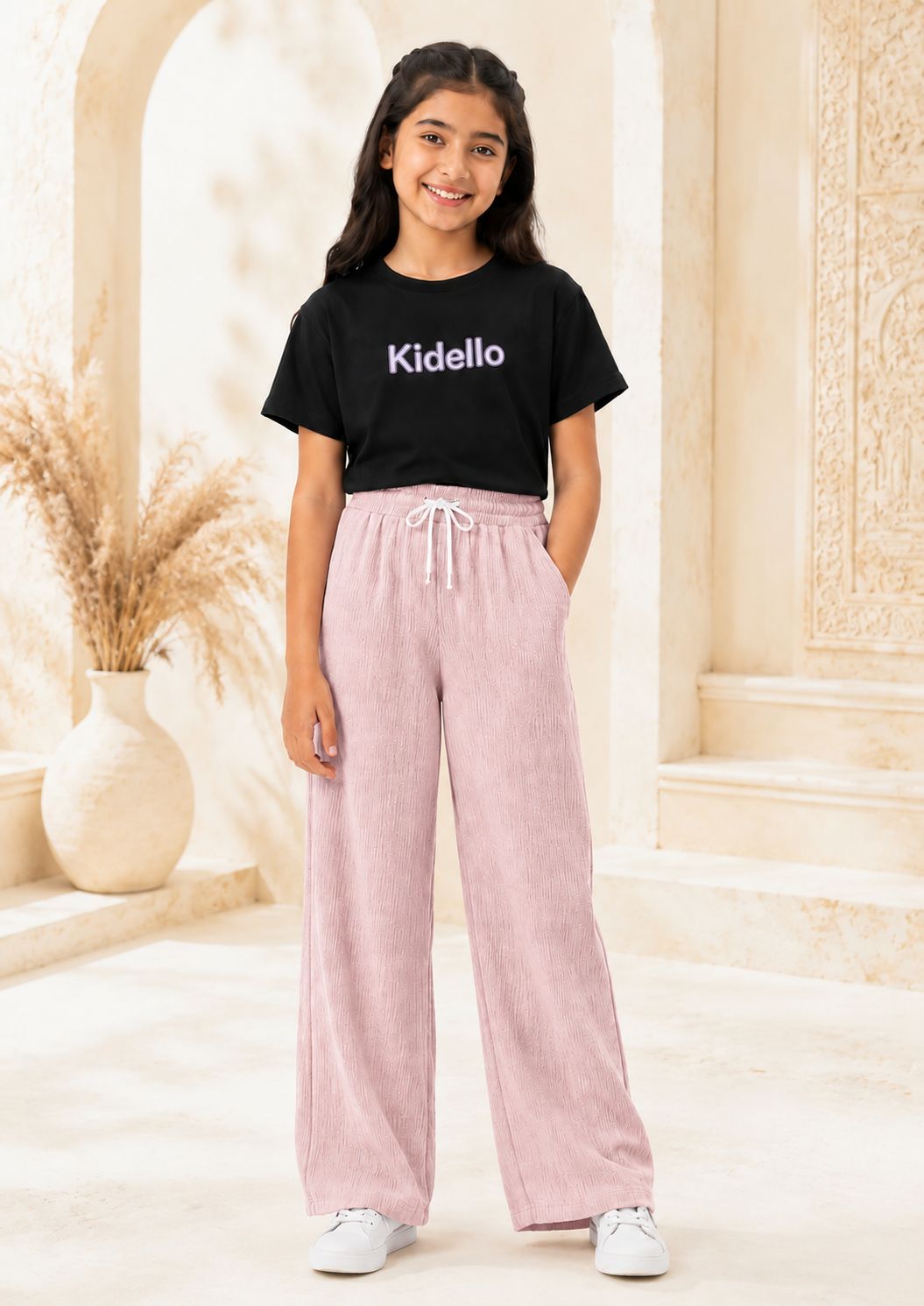Kidello Girls Cotton Textured Palazzo Pant | Soft Cotton Wide Leg Pants with Elastic Waist & Drawstring