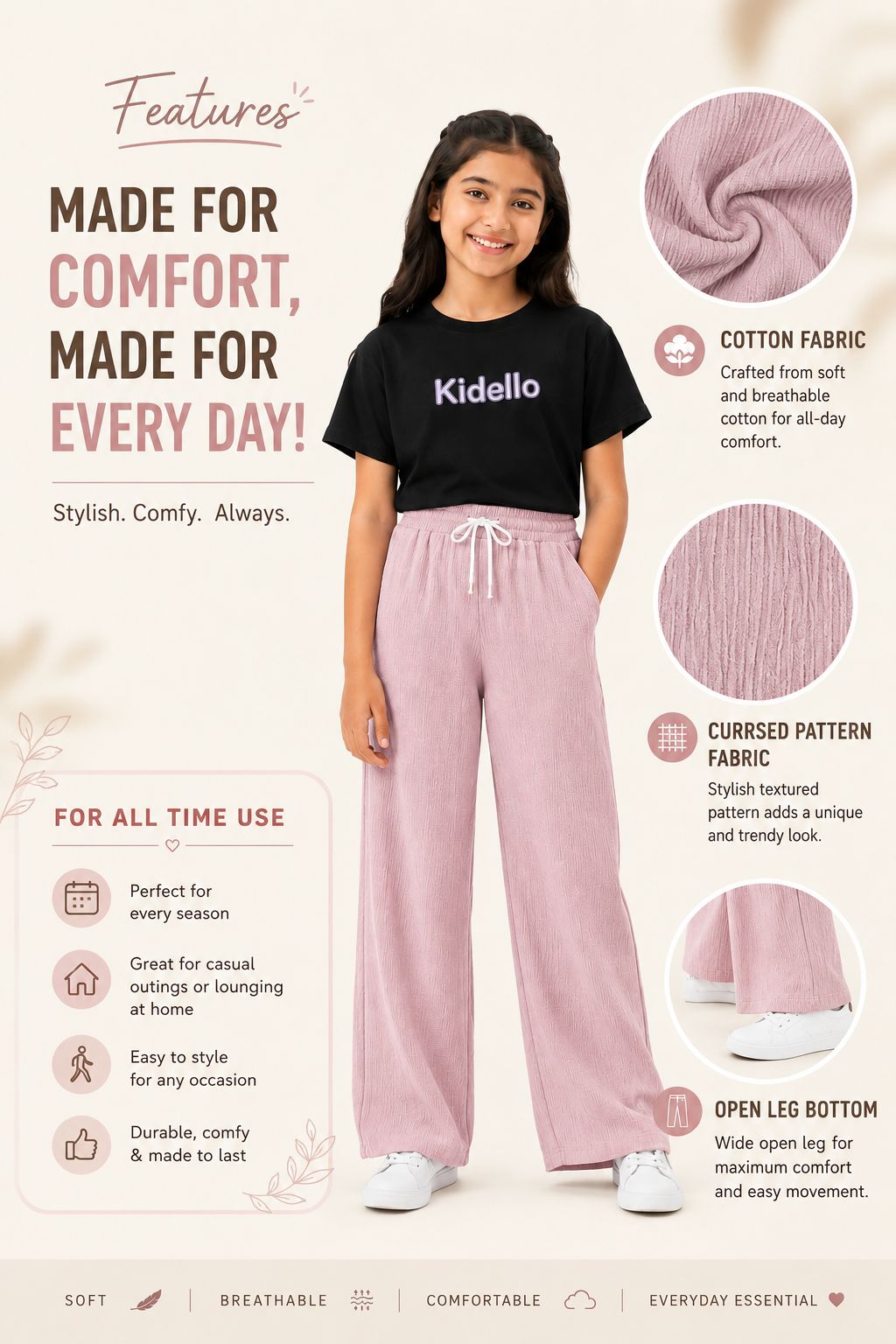 Kidello Girls Cotton Textured Palazzo Pant | Soft Cotton Wide Leg Pants with Elastic Waist & Drawstring