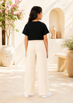 Kidello Girls Cotton Textured Palazzo Pant | Soft Cotton Wide Leg Pants with Elastic Waist & Drawstring