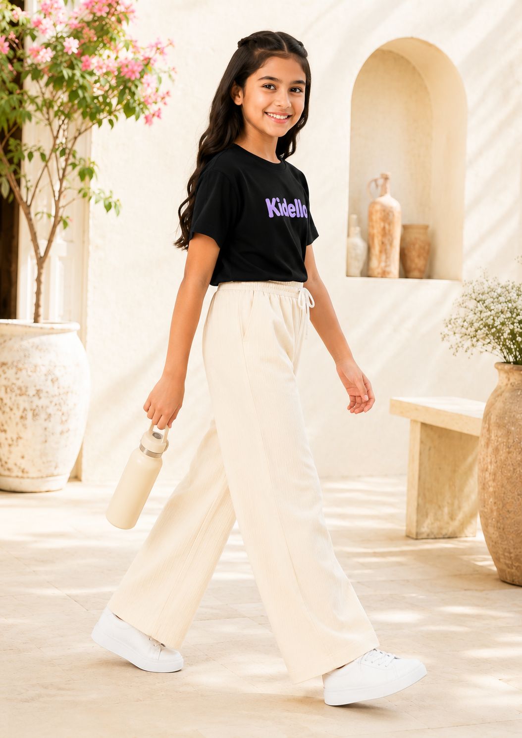 Kidello Girls Cotton Textured Palazzo Pant | Soft Cotton Wide Leg Pants with Elastic Waist & Drawstring