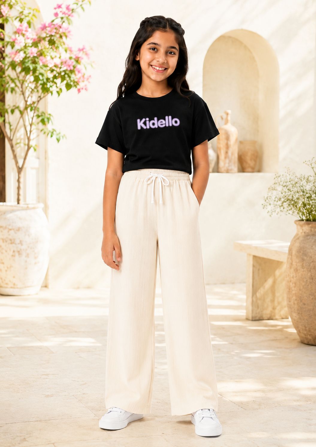 Kidello Girls Cotton Textured Palazzo Pant | Soft Cotton Wide Leg Pants with Elastic Waist & Drawstring