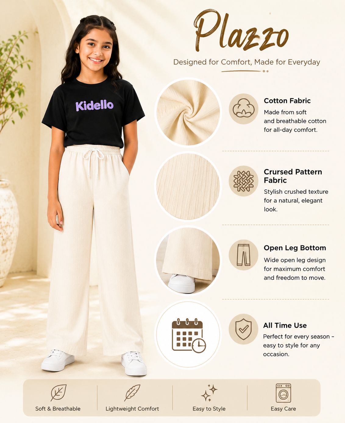 Kidello Girls Cotton Textured Palazzo Pant | Soft Cotton Wide Leg Pants with Elastic Waist & Drawstring