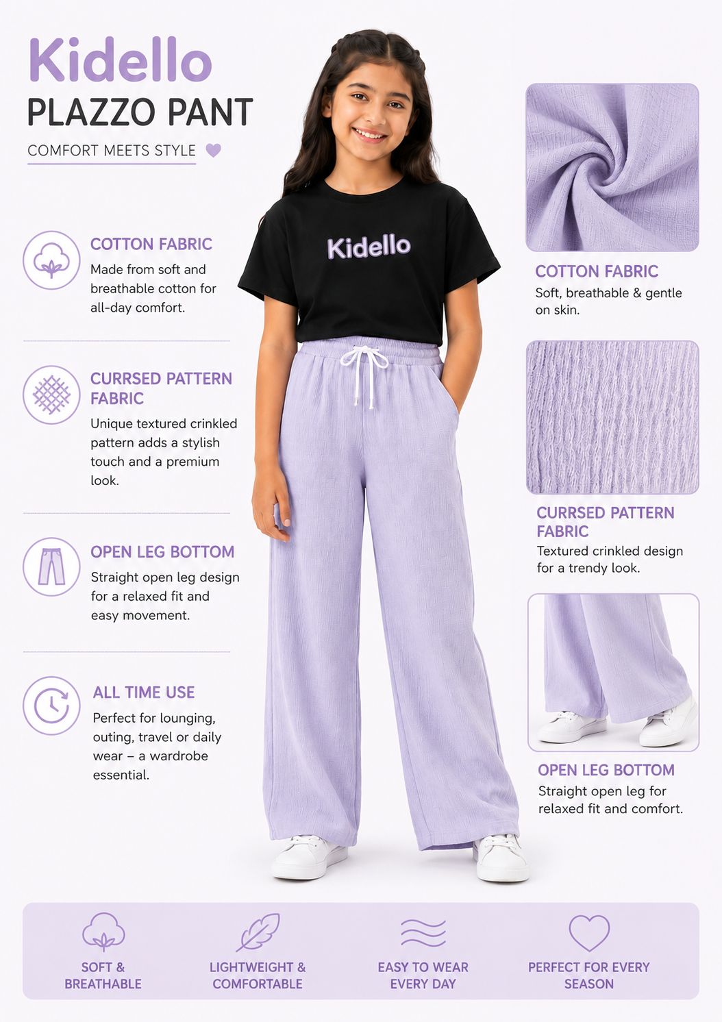 Kidello Girls Cotton Textured Palazzo Pant | Soft Cotton Wide Leg Pants with Elastic Waist & Drawstring