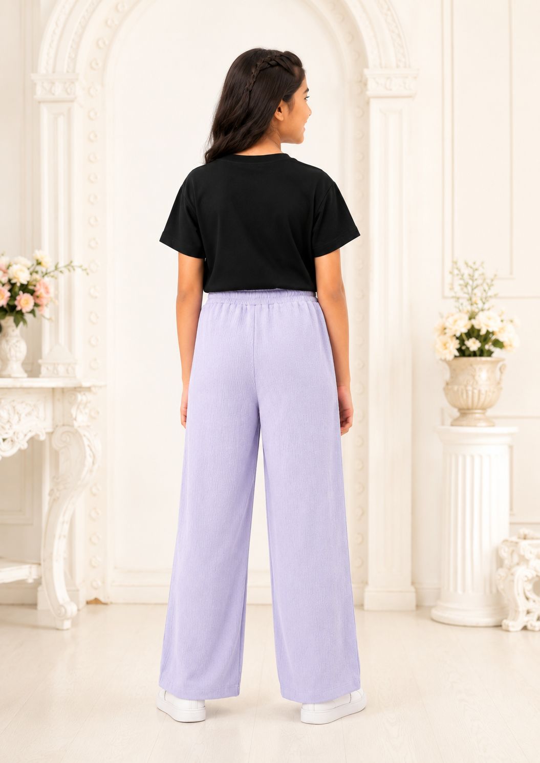 Kidello Girls Cotton Textured Palazzo Pant | Soft Cotton Wide Leg Pants with Elastic Waist & Drawstring