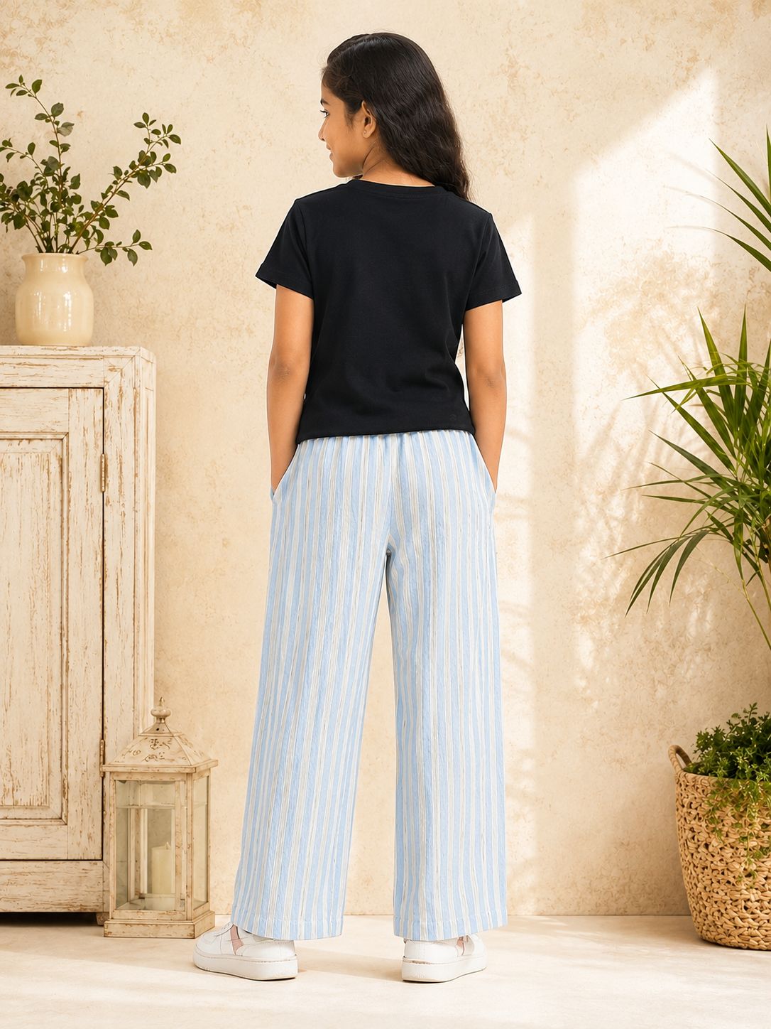 Kidello Girls Cotton Textured Palazzo Pant | Soft Cotton Wide Leg Pants with Elastic Waist & Drawstring